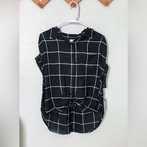 Women's Black Windowpane Tie-Front Button-Down Shirt